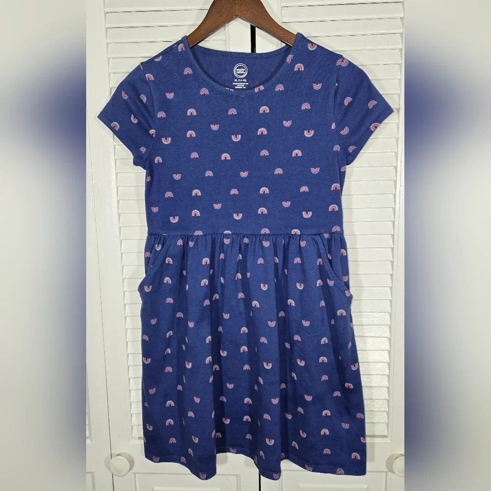 Wonder Nation Short Sleeve Blue Rainbows Pullover Dress Sz 14-16